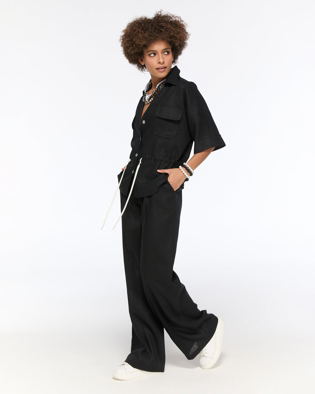 LAMANTE DÜĞME DETAYLI KETEN BLUZ